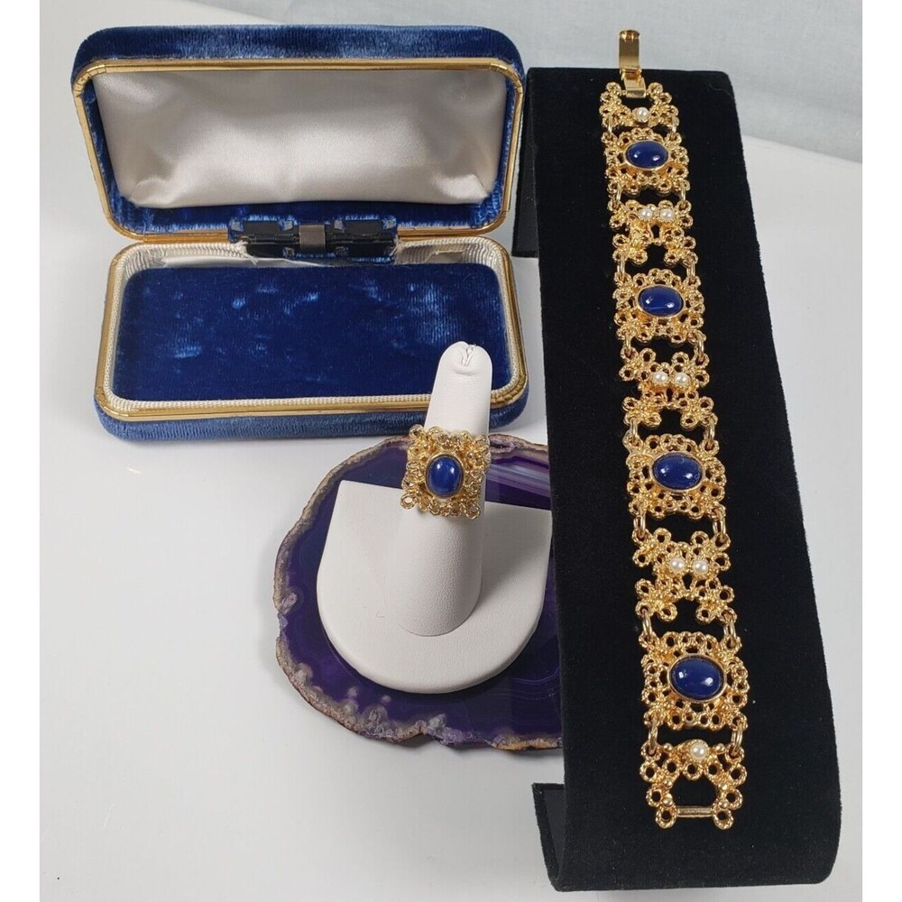 Vintage 1975 Sarah Coventry Victorian Blue Bracelet With Adjustable Ring Set - Picture 1 of 16